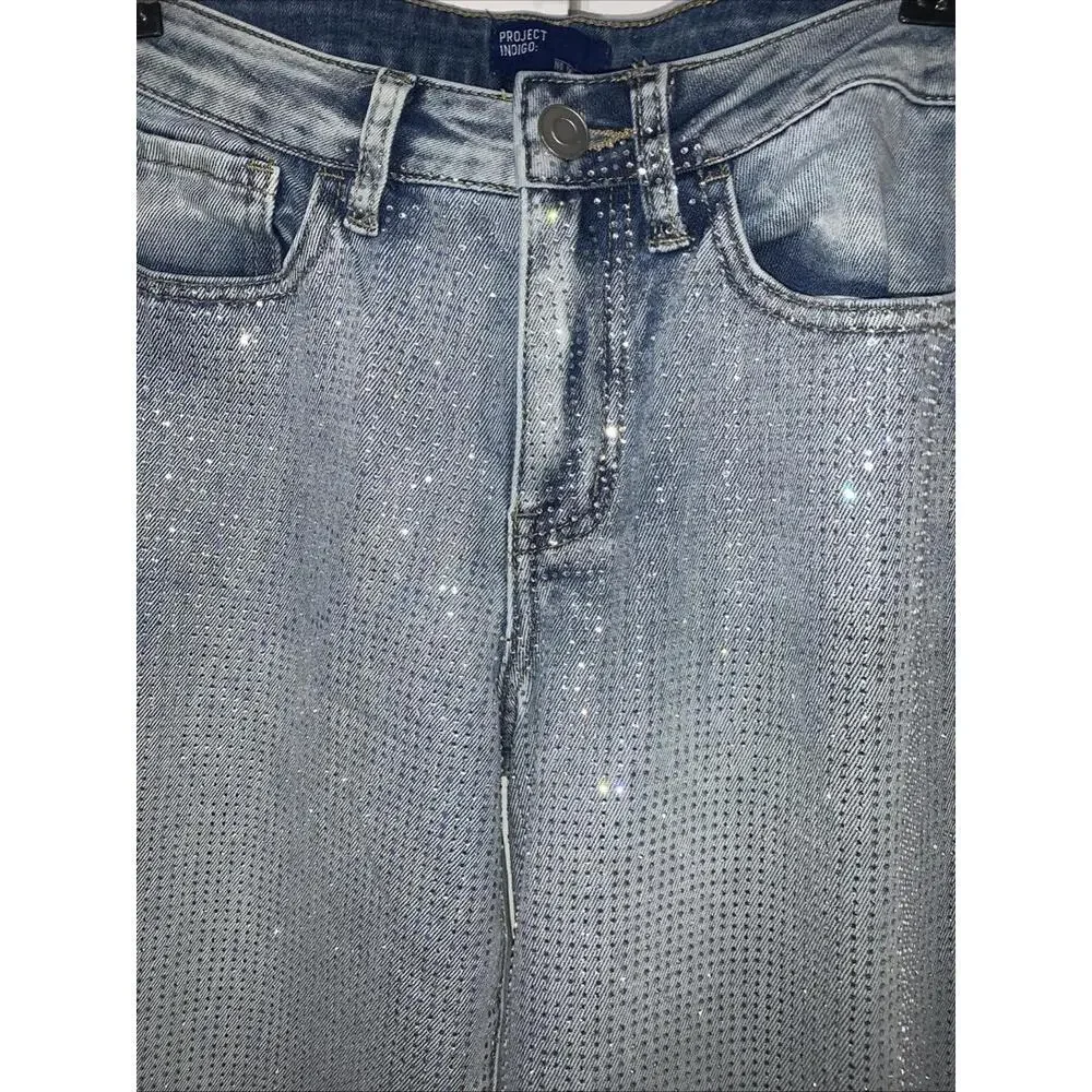 Project Indigo Jeans Rhinestone Front High Rise Wideleg Jeans Sz 7 W28” L29”R10”